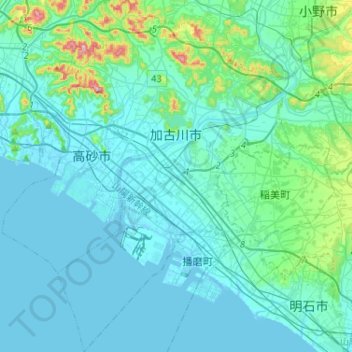 Topografische Karte Kakogawa, Höhe, Relief