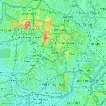 Topografische Karte Petaling Jaya, Höhe, Relief