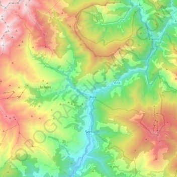 Topografische Karte Sort, Höhe, Relief