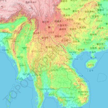 Topografische Karte 瀾滄江 Lancang - Mekong - แม่น้ำโขง, Höhe, Relief