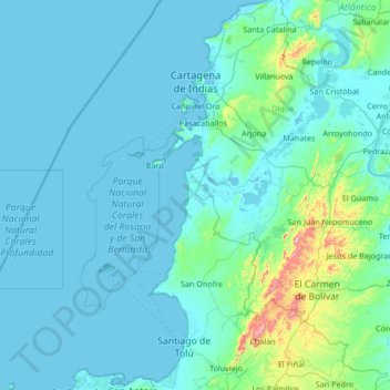 Topografische Karte Cartagena de Indias, Höhe, Relief