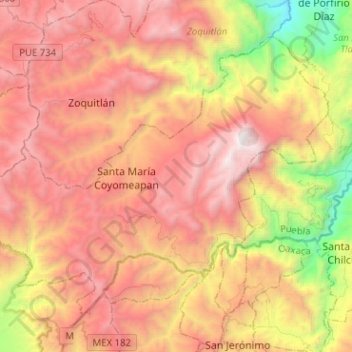 Topografische Karte Coyomeapan, Höhe, Relief