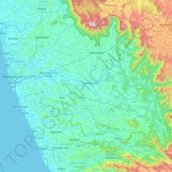 Topografische Karte Dakshina Kannada district, Höhe, Relief