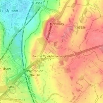 Topografische Karte Daresbury, Höhe, Relief