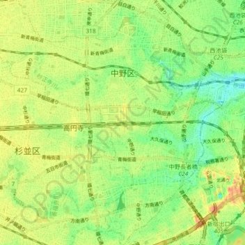 Topografische Karte Nakano, Höhe, Relief