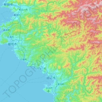 Topografische Karte Tanabe, Höhe, Relief