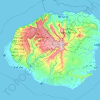 Topografische Karte Kauaʻi, Höhe, Relief
