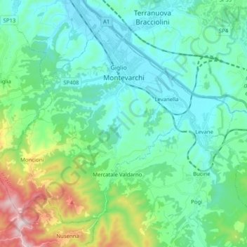 Topografische Karte Montevarchi, Höhe, Relief