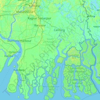 Topografische Karte South 24 Parganas, Höhe, Relief
