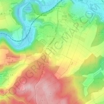 Topografische Karte Birlenbach, Höhe, Relief