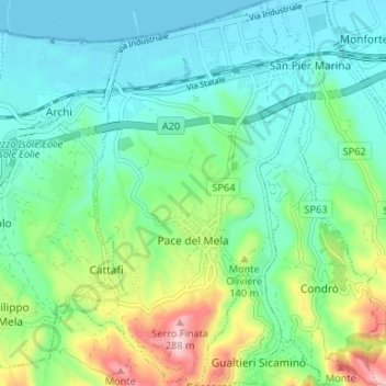 Topografische Karte Pace del Mela, Höhe, Relief