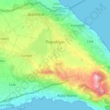 Topografische Karte Paralimni, Höhe, Relief