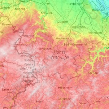 Topografische Karte Hohes Venn-Eifel, Höhe, Relief