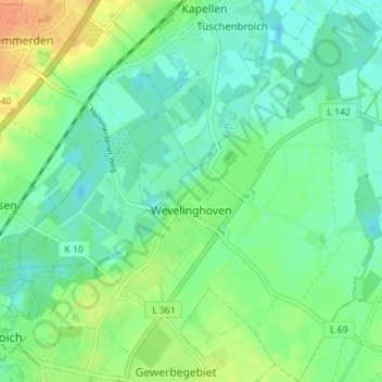 Topografische Karte Wevelinghoven, Höhe, Relief