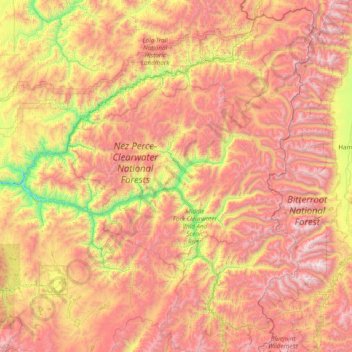 Topografische Karte Selway-Bitterroot Wilderness Area, Höhe, Relief