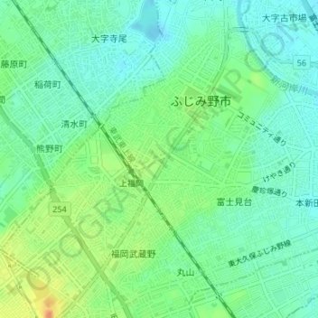 Topografische Karte 十四番地, Höhe, Relief
