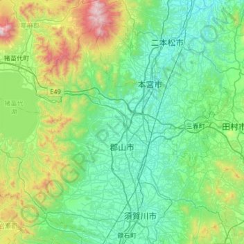 Topografische Karte Koriyama, Höhe, Relief