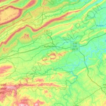 Topografische Karte Wythe County, Höhe, Relief