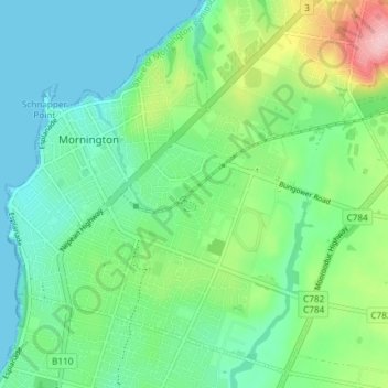 Topografische Karte Mornington, Höhe, Relief