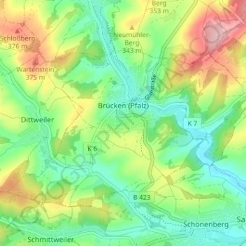 Topografische Karte Brücken (Pfalz), Höhe, Relief
