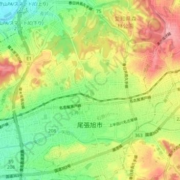 Topografische Karte Owariasahi, Höhe, Relief