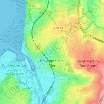 Topografische Karte Boulogne-sur-Mer, Höhe, Relief
