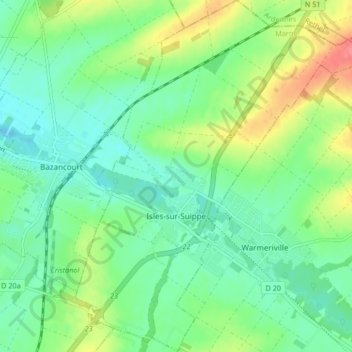 Topografische Karte Isles-sur-Suippe, Höhe, Relief
