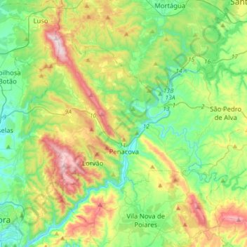 Topografische Karte Penacova, Höhe, Relief