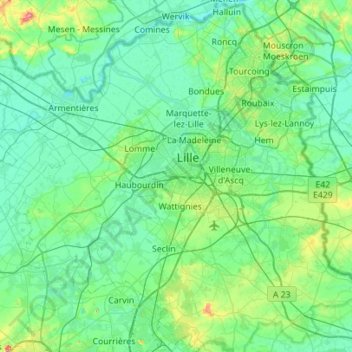 Topografische Karte Lille, Höhe, Relief