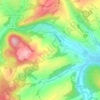 Topografische Karte Ruthweiler, Höhe, Relief