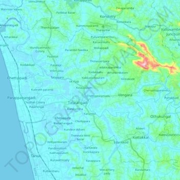 Topografische Karte Tirurangadi, Höhe, Relief