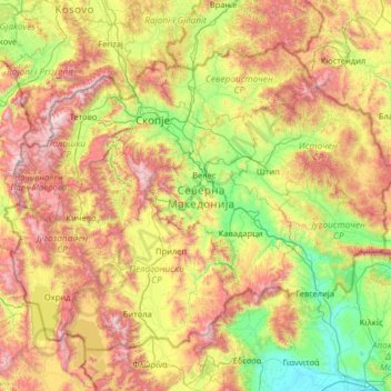Topografische Karte Nordmazedonien, Höhe, Relief