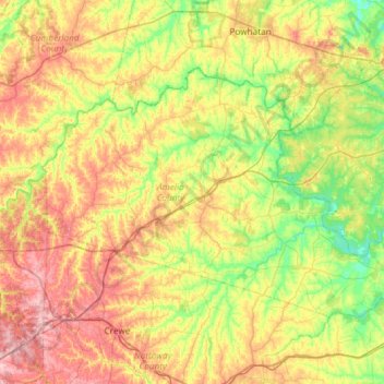 Topografische Karte Amelia County, Höhe, Relief