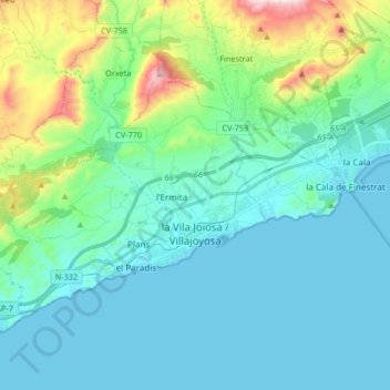 Topografische Karte la Vila Joiosa / Villajoyosa, Höhe, Relief