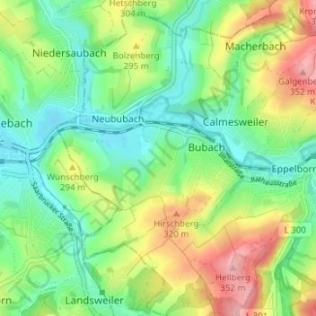 Topografische Karte Bubach-Calmesweiler, Höhe, Relief