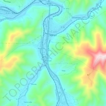 Topografische Karte Harlan, Höhe, Relief