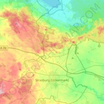 Topografische Karte Strasburg (Uckermark), Höhe, Relief