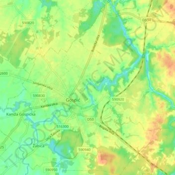 Topografische Karte Gospić, Höhe, Relief