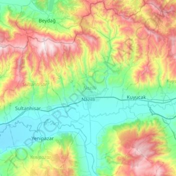 Topografische Karte Nazilli, Höhe, Relief