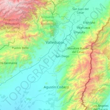 Topografische Karte Valledupar, Höhe, Relief