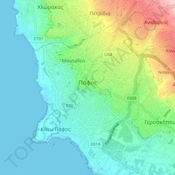 Topografische Karte Paphos, Höhe, Relief