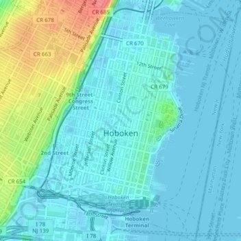 Topografische Karte Hoboken, Höhe, Relief