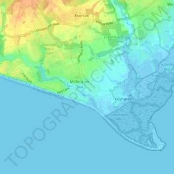 Topografische Karte Milford-on-Sea, Höhe, Relief