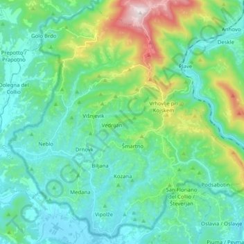 Topografische Karte Brda, Höhe, Relief