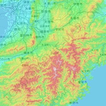Topografische Karte Präfektur Nara, Höhe, Relief