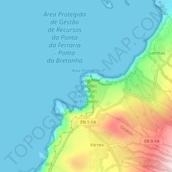 Topografische Karte Área Protegida para a Gestão de Habitats ou Espécies da Ponta do Escalvado, Höhe, Relief