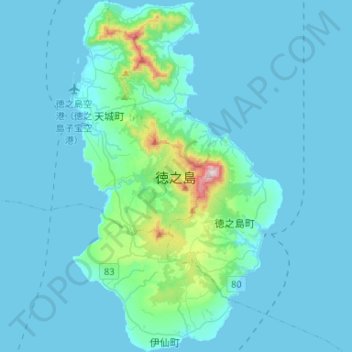 Topografische Karte Tokunoshima, Höhe, Relief