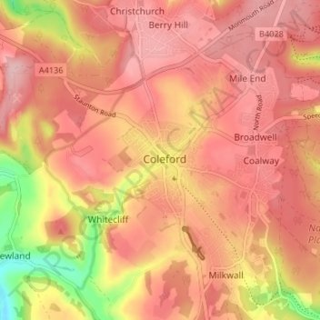 Topografische Karte Coleford, Höhe, Relief