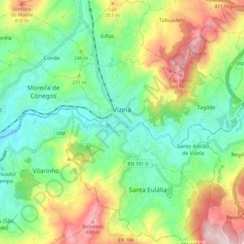 Topografische Karte Vizela, Höhe, Relief