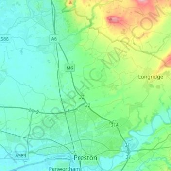 Topografische Karte Preston, Höhe, Relief